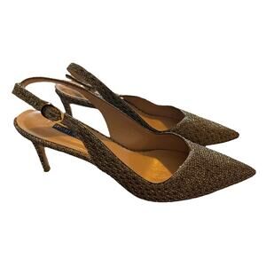Stuart Weitzman Womens 75mm Slingback Heel Gold Bronze Glitter Crystal Mesh 9.5